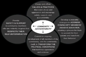 Ein Diagramm mit der ├ťberschrift "Gemeinschaftliche Rechenschaft" mit einem zentralen Kreis, der über Pfeile mit drei überschneidenden Kreisen verbunden ist, alles in hellen Farben mit fetter Schrift, die die Verbundenheit betont.