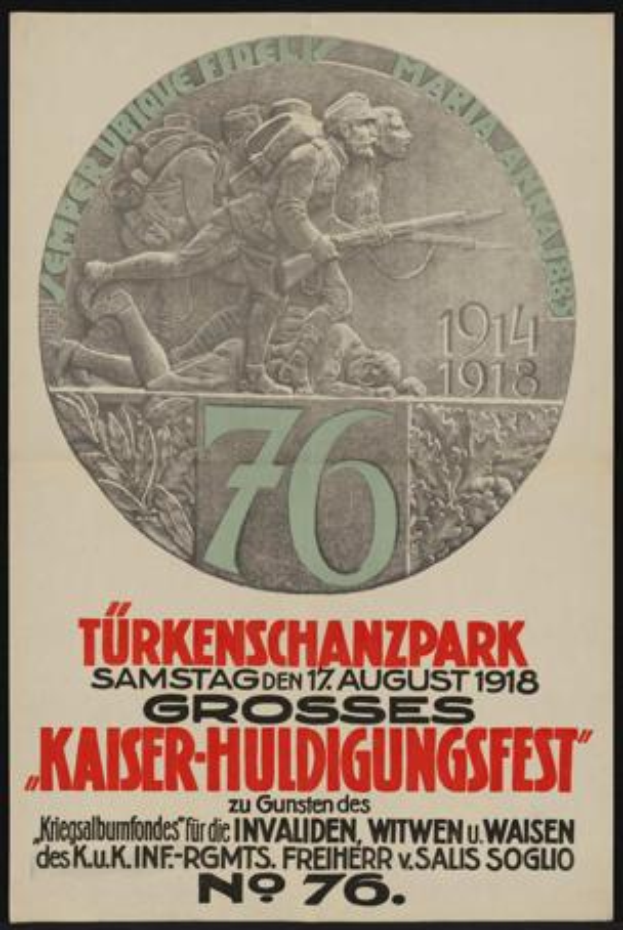 Ein gerahmtes Plakat zum 70. Jubiläum des Kaiser-Huldigungsfestes in Berlin, Deutschland, mit einer Gruppe von Menschen in der Mitte und umgeben von Text und Zahlen.
