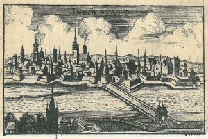 Stadtansicht mit Brücke über Wasser, Gebäuden, Bäumen und Wolken, mit Text unten lesend "Innolstadt, Deutschland, aus der Illustrated London News."