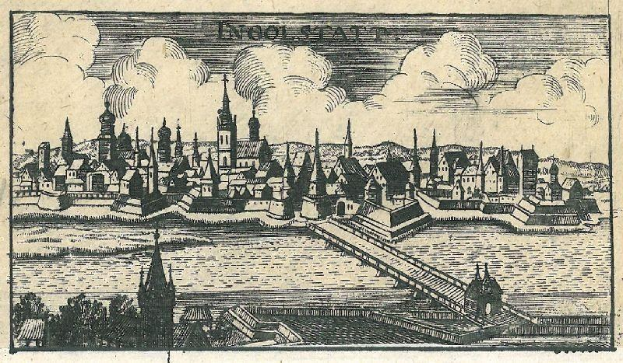 Stadtansicht mit Brücke über Wasser, Gebäuden, Bäumen und Wolken, mit Text unten lesend "Innolstadt, Deutschland, aus der Illustrated London News."