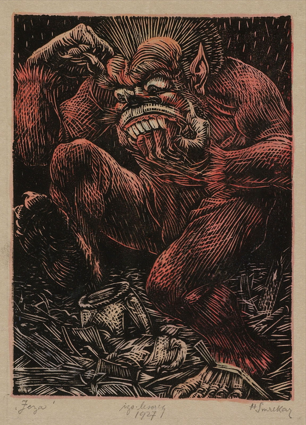 Eine rote und schwarze Zeichnung eines Werwolfs mit drohender Miene, scharfen Zähnen, ausgestreckten Krallen und tiefrotem Fell auf einem Blatt Papier.