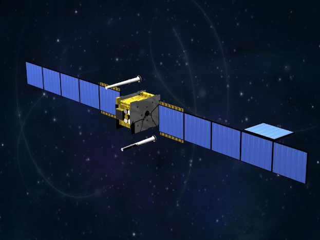 Eine Künstlerische Darstellung eines detaillierten GPS-Satelliten am Nachthimmel mit funkelnden Sternen im Hintergrund.