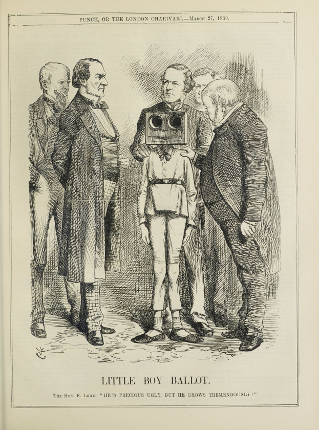 Zeichnung eines kleinen Jungen mit einer Kamera, umgeben von Menschen, mit dem Text "Kleiner Junge Stimmzettel" unten.