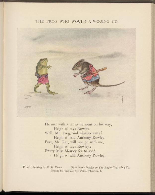 Ein aufgeschlagenes Buch mit dem Titel "Der Frosch, der um die Wette gehen wollte" zeigt einen Frosch in einem blauen Hemd mit einem verschmitzten Gesichtsausdruck und eine Ratte, die neugierig zu ihm hochschaut.