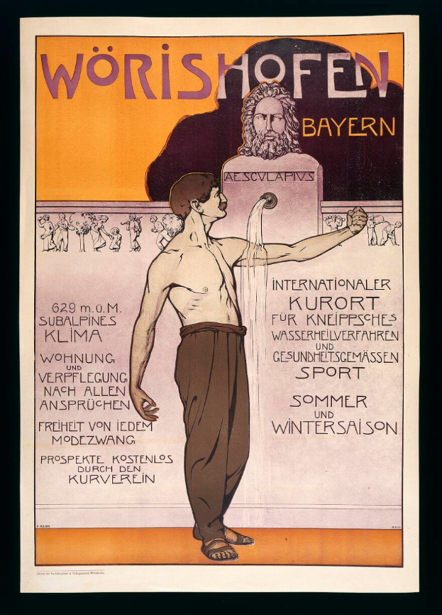 Ein Plakat, das das Wörishofener Fest in München, Deutschland, ankündigt, zeigt eine Person in einem weißen Hemd und einer blauen Mütze, die einen Stab und ein Buch hält, mit der Aufschrift "Wörishofer Bayerisches Fest" in fetter schwarzer Schrift auf einem hellgelben Hintergrund.