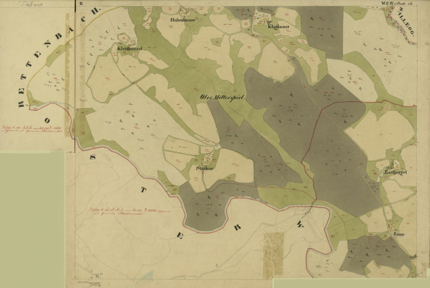Alte Karte von Stuttgart, Deutschland, zeigt detaillierte Stadtgrenzen, Straßen, Gebäude und Sehenswürdigkeiten mit Textanmerkungen.