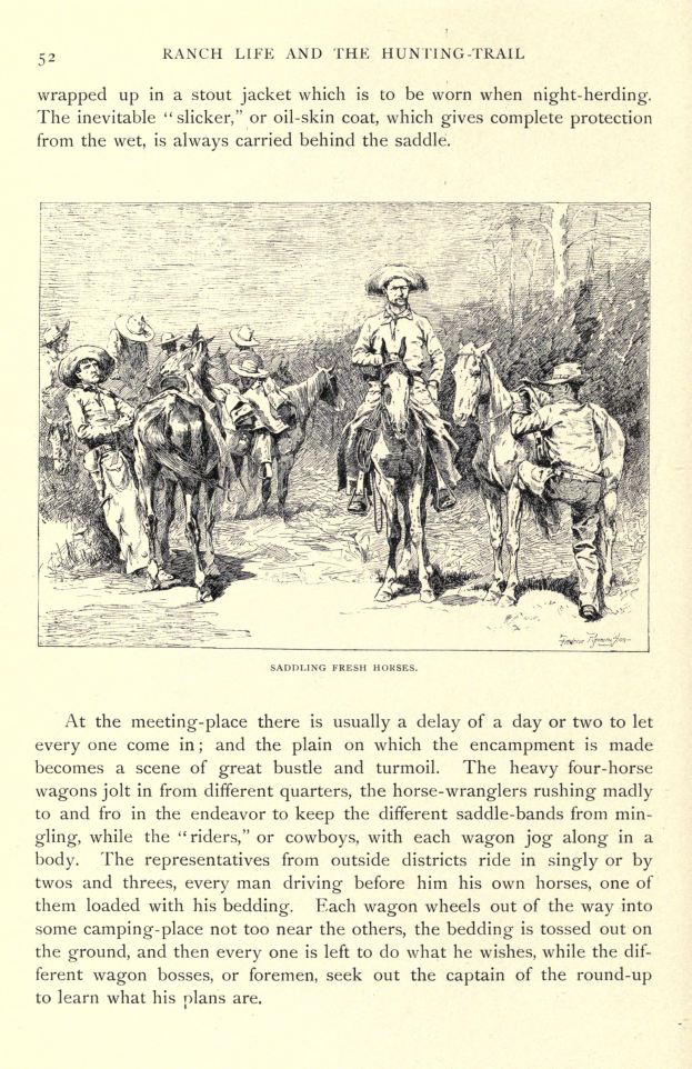 Eine Buchseite mit einer Illustration von Menschen in Cowboyhüten und -stiefeln, die auf galoppierenden Pferden über eine grüne Wiese reiten, mit der Aufschrift "Ranch Life and the Hunting Trail".