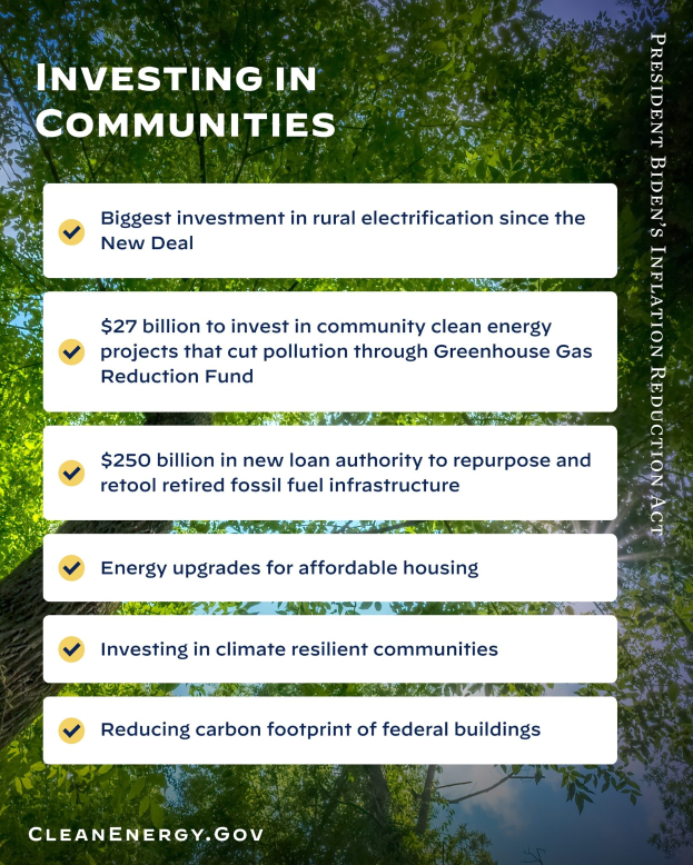 Plakat mit Bäumen und Himmel als Hintergrund, das den Text "Investing in Communities: Biggest Investment in Rural Electricity Since the New Deal" anzeigt.