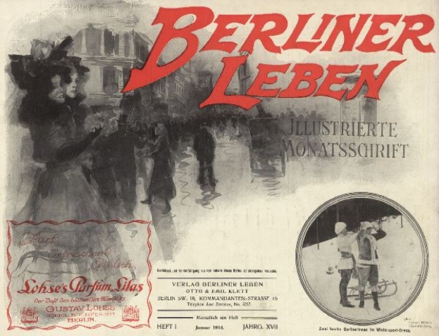 Umschlag eines alten Buches mit dem Titel 'Berliner Leben', das ein Foto von Menschen in traditioneller deutscher Kleidung zeigt, wahrscheinlich zur Darstellung von Berlins Kulturgeschichte.