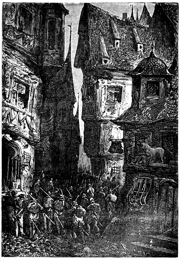 Eine Schwarz-Weiß-Zeichnung einer Straßenszene mit einer Gruppe von Menschen im Vordergrund, Gebäuden im Hintergrund und Text unten mit der Aufschrift "Die Schlacht von Stuttgart".