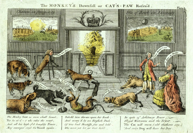 Ein Blatt mit einer Zeichnung eines Affensturzes oder Katzenpfoten-Rückerstattung, mit ein paar Menschen und Tieren im Vordergrund und Rahmen an der Wand im Hintergrund.