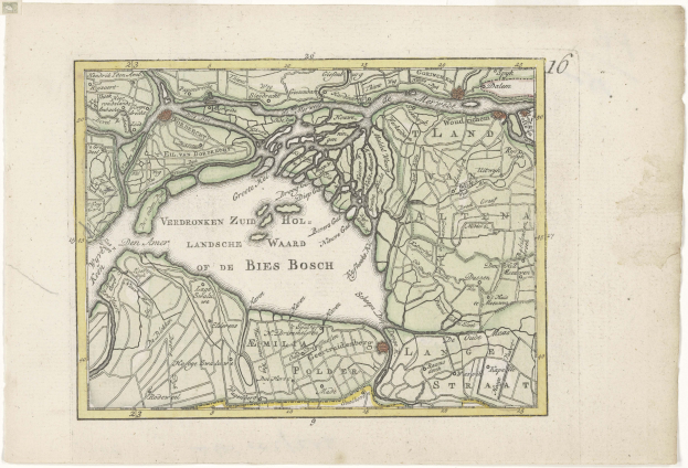 Ein detailliertes altes Stadtplan von Bies Bosch, Deutschland, der Straßen, Gebäude und Sehenswürdigkeiten mit Textanmerkungen zeigt.
