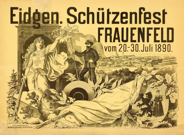Altes Plakat für das Eidgen Schützenfest in Frauenfeld, Deutschland, das einen Mann in einem Anzug und eine Frau in einem Kleid zeigt, die nebeneinanderstehen, sowie Textebene mit Ereignisinformationen.