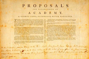 Vorschlags-Dokument mit dem Titel "Vorschläge für die Gründung einer Akademie in George Town, Patowack-River, Maryland" auf altem Papier.