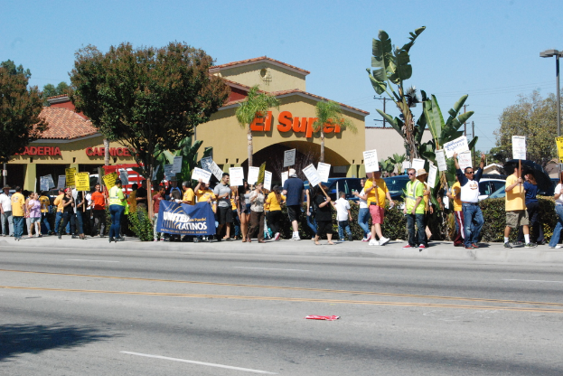 Eine Gruppe von Menschen mit Schildern, die gehen, mit Bäumen, Büschen, einer Fahne, einem Gebäude mit Namensschildern, Autos und einer Wahllokal im Hintergrund.