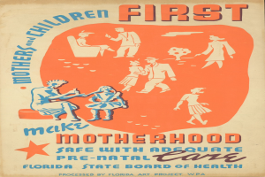 Plakat mit fettem weißen Text "Machen Sie die Mutterschaft mit ausreichender vorgeburtlicher Betreuung sicher" auf einem hellblauen Hintergrund, das verschiedene lächelnde Menschen unterschiedlichen Alters, Geschlechts und Ethnien zeigt.