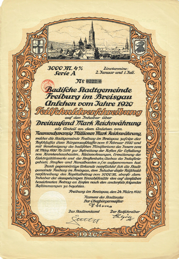 Alter deutscher Aktienchein mit einer Stadtansicht und Text, der den Ursprung der Aktie angibt.