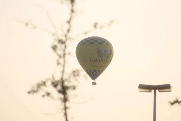 Heißluftballon fliegt am Himmel mit einem Laternenmast auf der rechten Seite und Bäumen im Hintergrund.