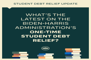 Plakat mit der Überschrift "Was gibt es Neues zum einmaligen Schuldenentlastungsprogramm der Biden-Harris-Regierung?" mit Büchern darunter, was auf Schuldenfokus hinweist.