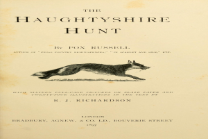 Papier mit einer realistischen Abbildung eines Fuchses und fetter Schrift, die "The Haughshire Hunt by Fox Russell." lautet.
