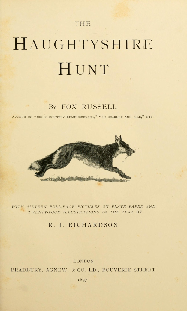 Papier mit einer realistischen Abbildung eines Fuchses und fetter Schrift, die "The Haughshire Hunt by Fox Russell." lautet.