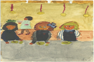 Gemälde von drei Kindern in festlicher Kleidung, die auf einer Bank vor einer Wand mit Weihnachtsdekoration und bunten Orchideen sitzen und strahlen.