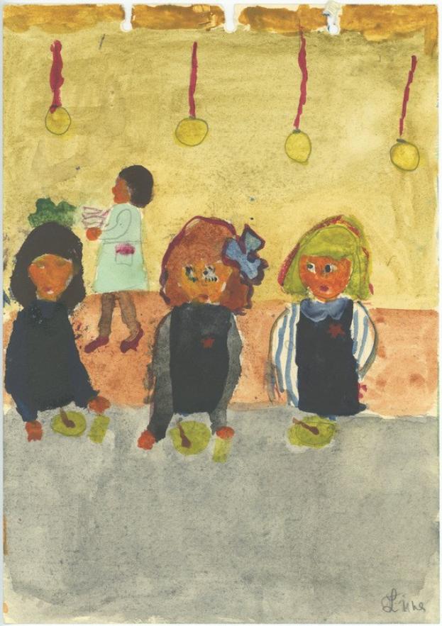 Gemälde von drei Kindern in festlicher Kleidung, die auf einer Bank vor einer Wand mit Weihnachtsdekoration und bunten Orchideen sitzen und strahlen.