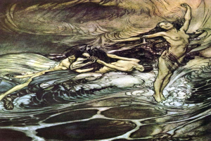 Gemälde namens 'Die Meerjungfrauen' von Arthur Rackham zeigt zwei Gestalten im Ozean: eine Meerjungfrau in einem langen dunklen Kleid mit langen dunklen Haaren links und eine Frau in einem smaragdgrünen Kleid rechts, beide mit friedlichen Gesichtern, unter einem tiefblauen Ozean mit weißgekappter Brandung und einem warmen orangen Sonnenuntergangsglühen.