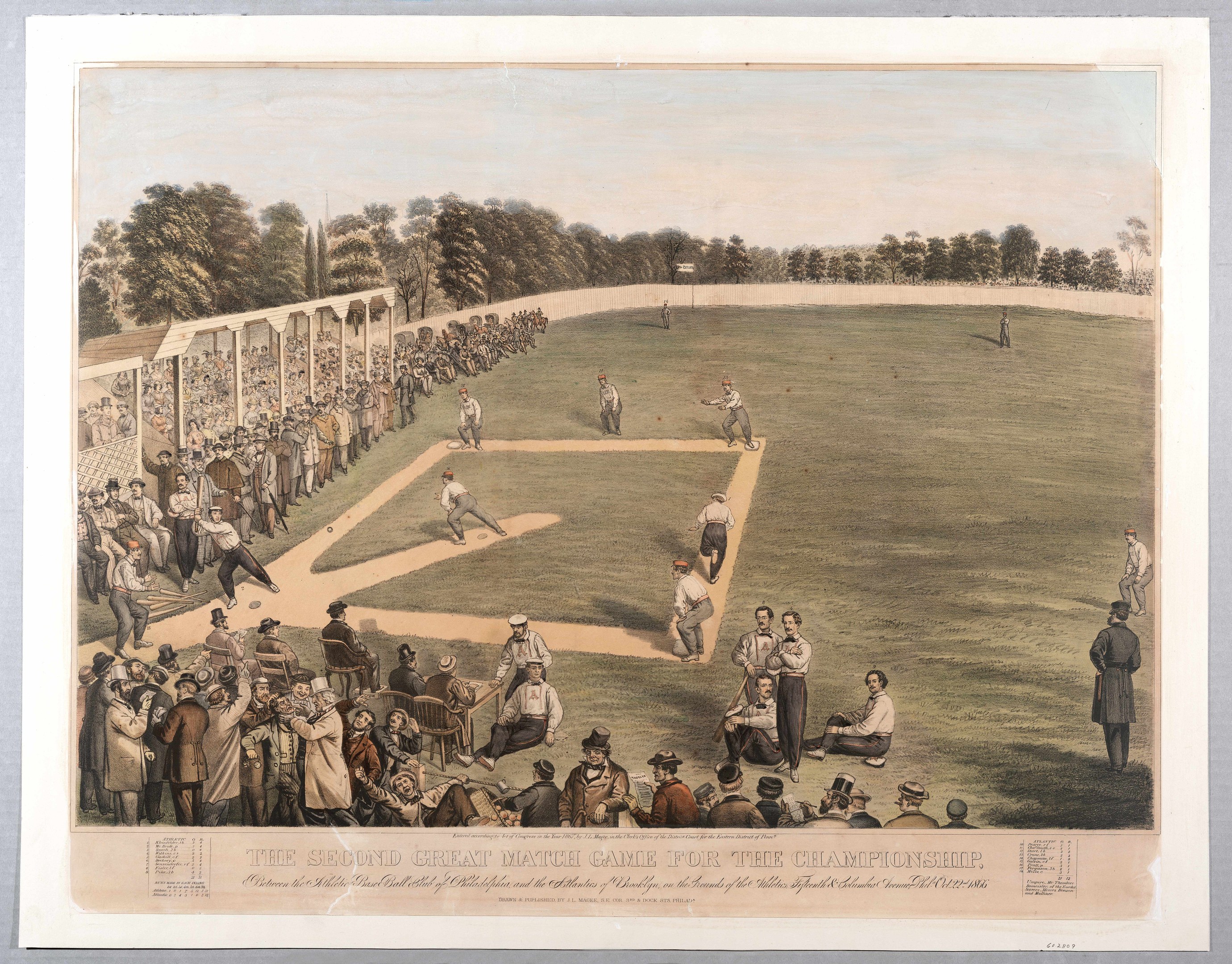 Eine Gruppe von Menschen spielt Cricket auf einem grünen Feld mit Bäumen im Hintergrund und einem klaren blauen Himmel, mit dem Text "The Second Great Match Game for the Championship" unten.