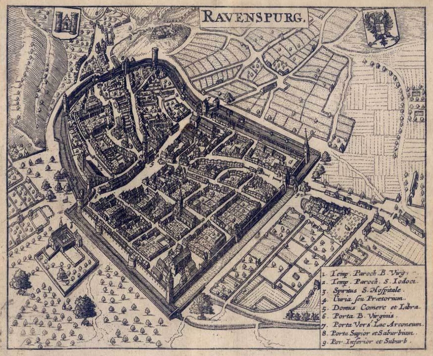 Ein detaillierter alter Stadtplan von Ravensburg, Deutschland, der Geb√§ude, B√§ume, Stra√en, Parks und Landmarken mit zahlreichen Details und Text zeigt.