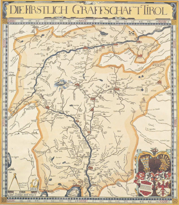 Detailreiches historisches Plakat der ersten Grafschaft Tirol-Karte, das geografische Merkmale wie Flüsse, Berge und Städte mit begleitendem Text über die Region und ihre Bewohner zeigt.