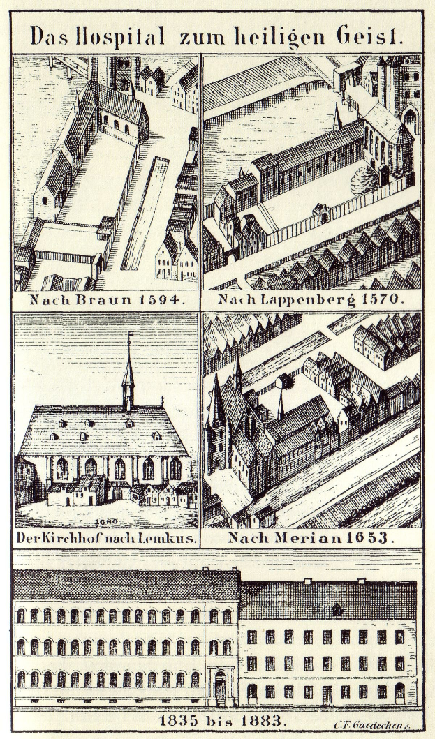 Ein detailliertes Bild eines deutschen Krankenhauskomplexes auf einem Plakat, einschließlich beschrifteter Gebäude mit Fenstern, Türen und Balkonen, begleitet von Text, der seine Größe, Lage und Merkmale beschreibt.