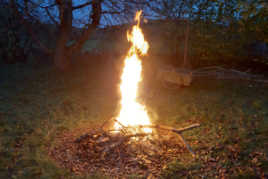 Feuer in einer grasbewachsenen Wiese in der Nacht, umgeben von trockenen Blättern und Stöcken, mit Bäumen und einem Wagen im Hintergrund unter dem Himmel.