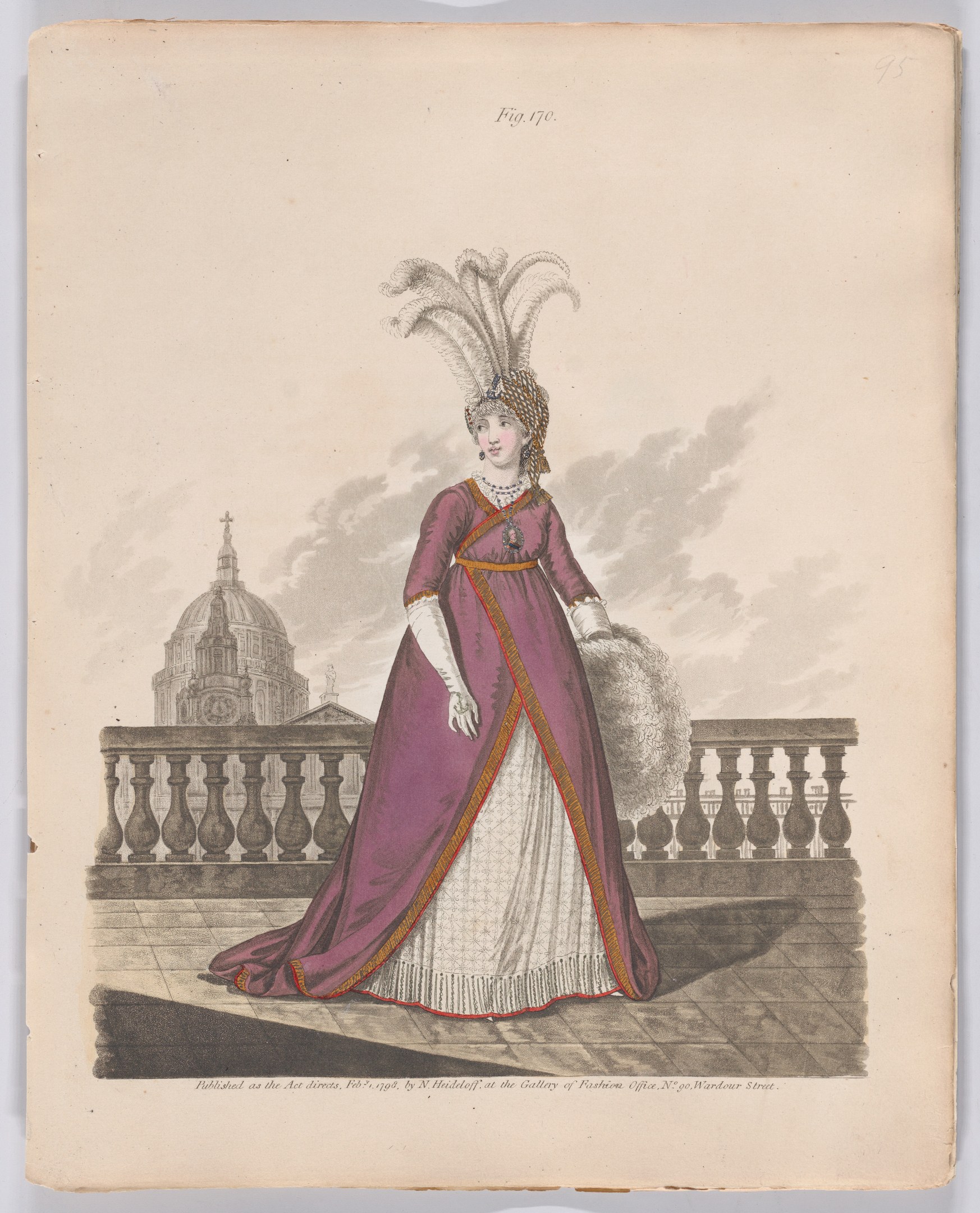 Frau in einem purpurfarbenen und weißen Federkleid, die an einem Geländer steht, mit einem Gebäude und Wolken im Hintergrund, beschriftet mit 'Fashion of New York, New York Street, 1790'.