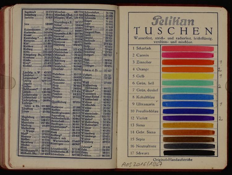 Offenes Buch mit bunten Seiten und Textproben vor dunklem Hintergrund, ├Ąhnlich einem deutschen Handbuch.