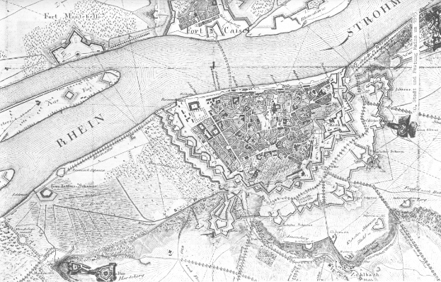Eine schwarz-weiße detaillierte Karte der Stadt Rhein, die Straßen, Gebäude und andere Merkmale mit Textbeschriftungen zeigt.