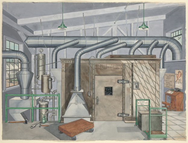 Ein detailliertes Linienbild eines industriellen Fabrikinneren mit einer zentralen großen Maschine, umgeben von verschiedenen Maschinen, Rohren, einer Tür, einem Handwagen, einem Tisch, einem Stuhl, einer Anschlagtafel mit der Aufschrift "American Foundry Equipment Co, Indiana", Fenstern und Deckenleuchten.