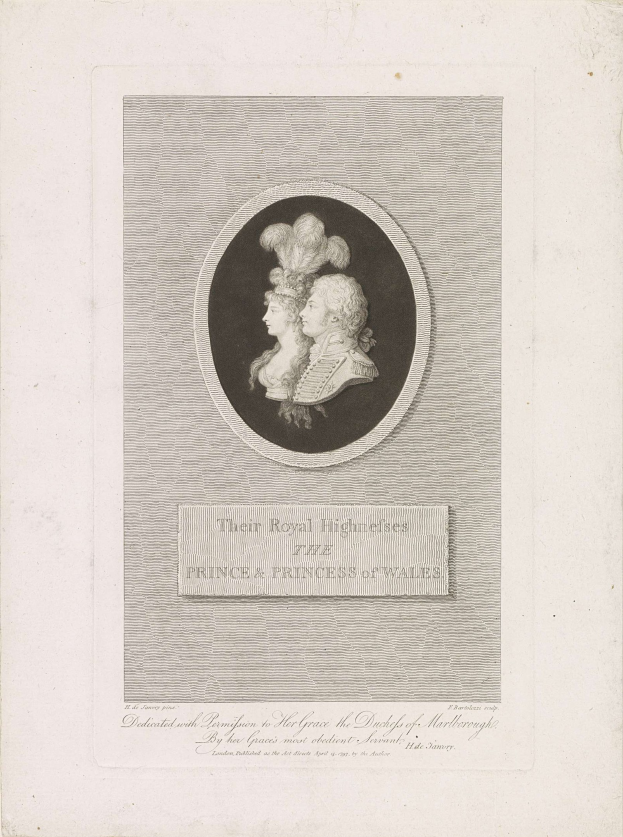 Schwarz-weiß-Foto von einer Zeitung mit einem Bild des Prinzen und der Prinzessin von Wales neben Text.