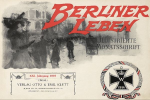 Altes Buchcover mit dem Titel "Berliner Leben", das eine Gruppe von Menschen in festlicher Stimmung, ein deutsches militärisches Logo und zusätzlichen Text zeigt.