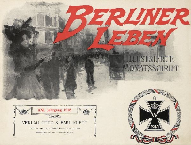 Altes Buchcover mit dem Titel "Berliner Leben", das eine Gruppe von Menschen in festlicher Stimmung, ein deutsches militärisches Logo und zusätzlichen Text zeigt.