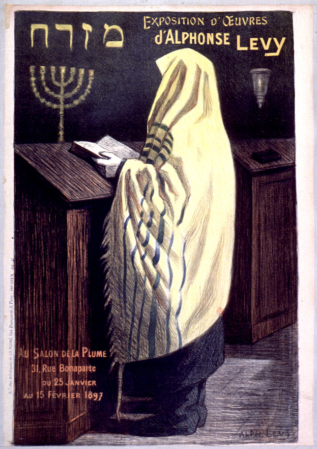 Ein Plakat, das eine jüdische Ausstellung in Paris ankündigt, mit einer Person vor einem Tisch mit einem Buch und einer Menora, sowie Ausstellungseinzelheiten.