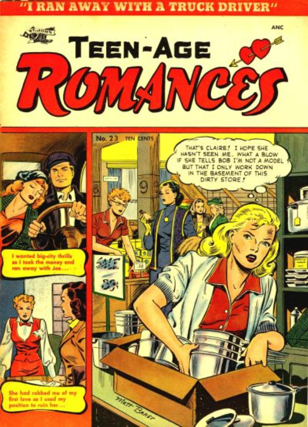 Ein Plakat, das eine Gruppe von Menschen in einer romantischen Umarmung zeigt, mit der Aufschrift «Teen-Age Romances 23-A by DC» in fetter Schrift darüber.