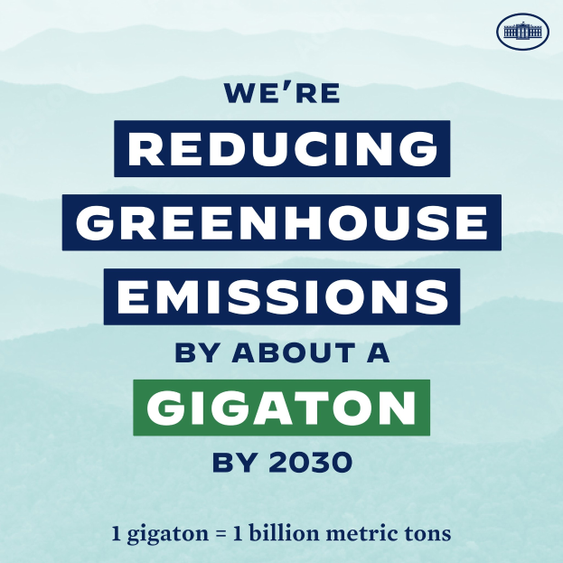 Plakat mit Text und Logo, das "Wir reduzieren die Treibhausemissionen um etwa eine Gigatonne bis 2030".