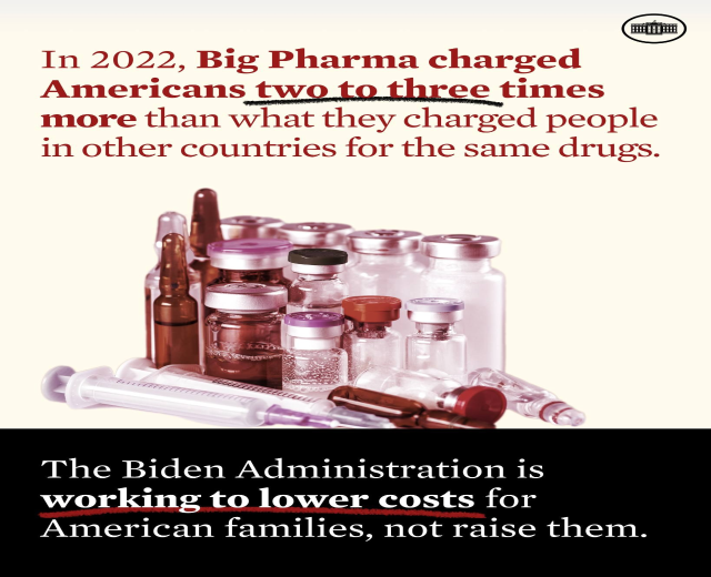 Ein Plakat, das zeigt, dass Big Pharma 2022 Amerikaner zwei bis drei Mal so viel für dieselben Medikamente berechnet hat wie in anderen Ländern, mit Bildern von Medikamentenflaschen und einer Spritze.