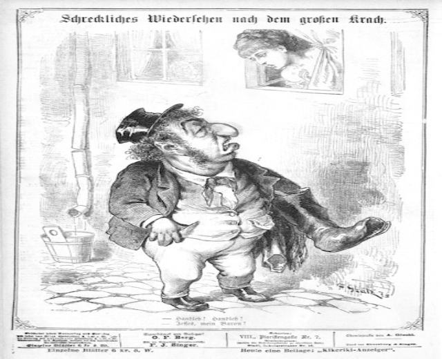 Cartoon eines Mannes mit Zylinder und einer Frau im Kleid mit einer Wand, einem Fenster, einem Eimer und anderen Gegenständen im Hintergrund und Text unten mit der Aufschrift "F. J. Singer, der erste deutsche Politiker, der in den Kongress gewählt wurde".