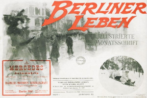 Anzeige für ein Mercedes-Benz-Fahrzeug in Berlin, Deutschland, mit einer Gruppe von Menschen, Bäumen, Gebäuden, Text und einem Stempel.