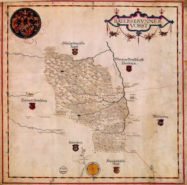 Ein detailliertes 15. Jahrhundert-Karte von Bayern, die geographische Elemente wie Flüsse, Berge und Städte zeigt, begleitet von informativen Texten und Logos.