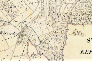 Alte detaillierte Karte von Kefendorf mit Straßen, Gebäuden, Sehenswürdigkeiten und Text mit Bevölkerungs- und Standortinformationen.