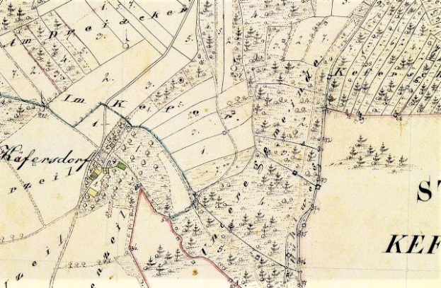 Alte detaillierte Karte von Kefendorf mit Straßen, Gebäuden, Sehenswürdigkeiten und Text mit Bevölkerungs- und Standortinformationen.