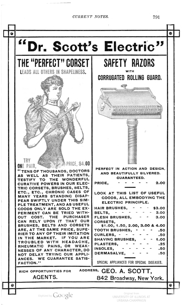 Das Gesicht einer Frau auf einer Werbung für Dr. Scotts Elektrische Rasierer, mit Text, der das Produkt beschreibt.